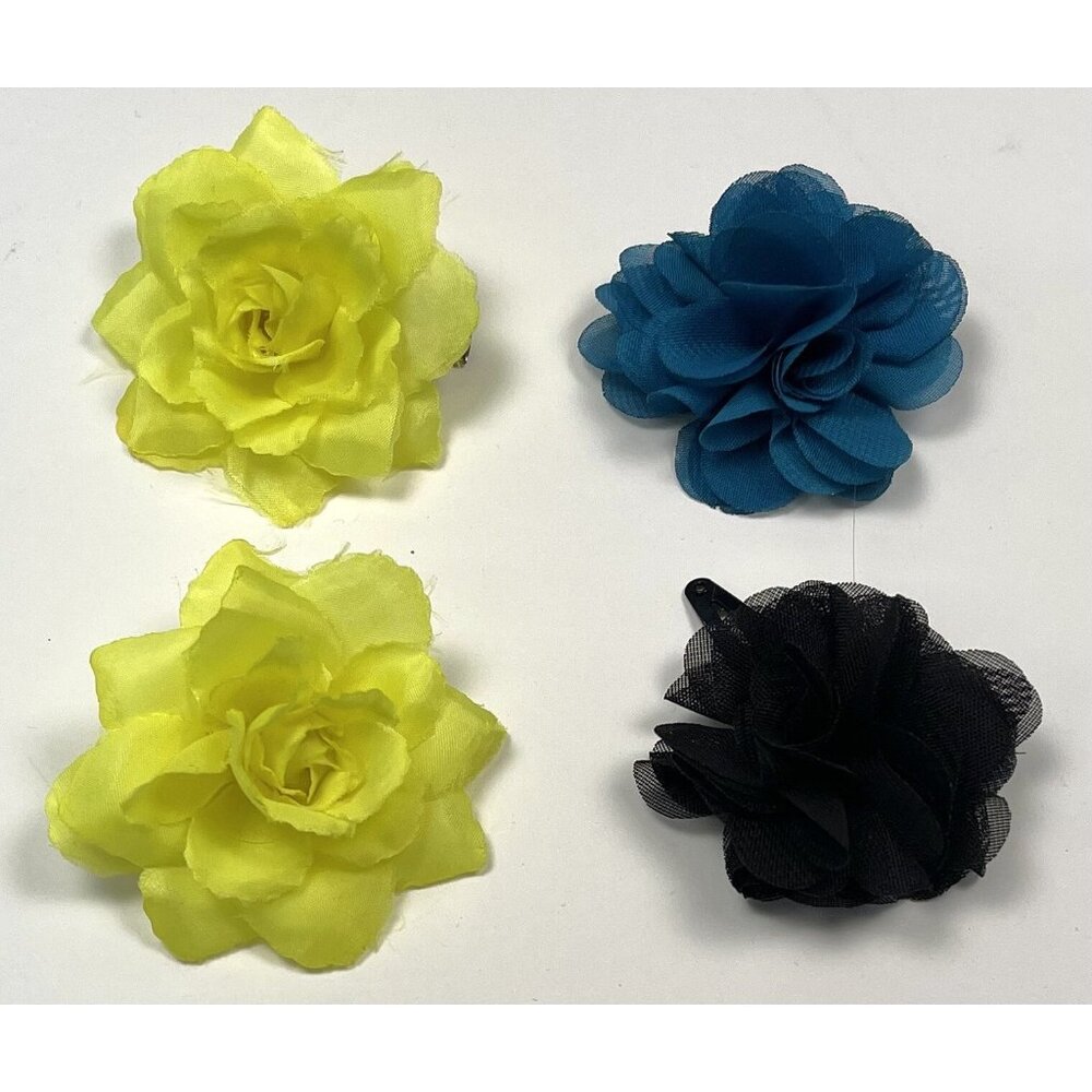 Lot 4 Small 2" Organza Flower HAIR CLIPS Snap & Alligator Yellow Blue Black EUC